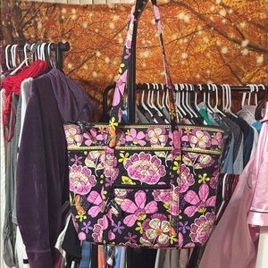 Vera Bradley Retired Daisy Floral Quilted Tote Black Pink Purple Large